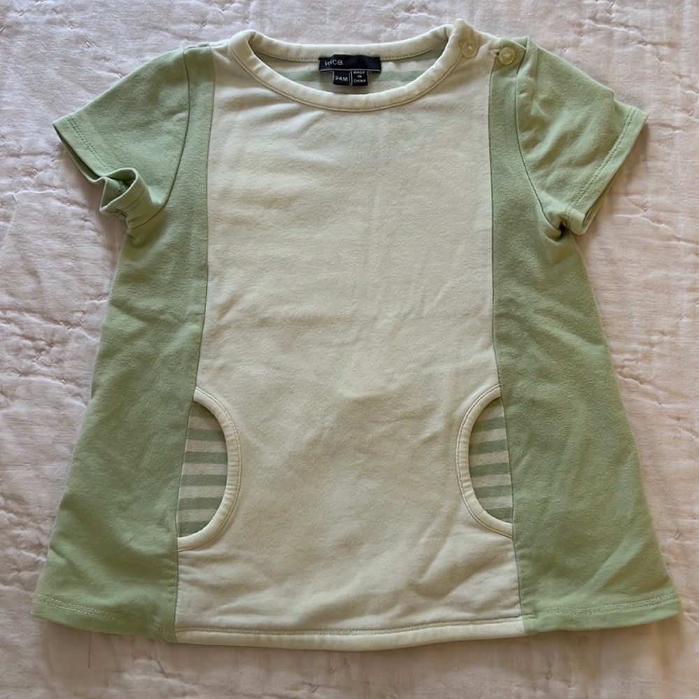 Vince short sleeve top, light green/cream, size 24m, 97% cotton, 3% spandex
